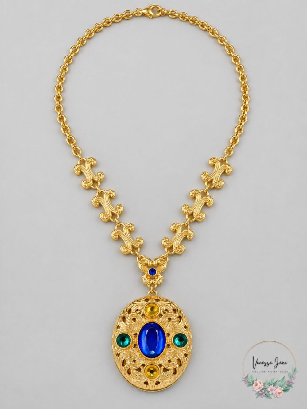 PATRICIA Nash Gold-Tone Multicolor Stone Oval Filigree Locket 29-1/2 Pendant